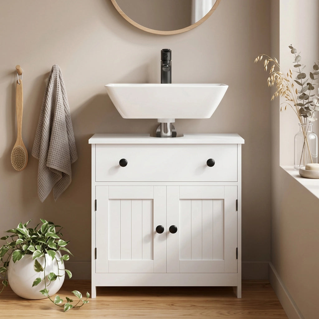 Mobile sottolavabo moderno freestanding con cassetto e 2 ante soft-close, bianco