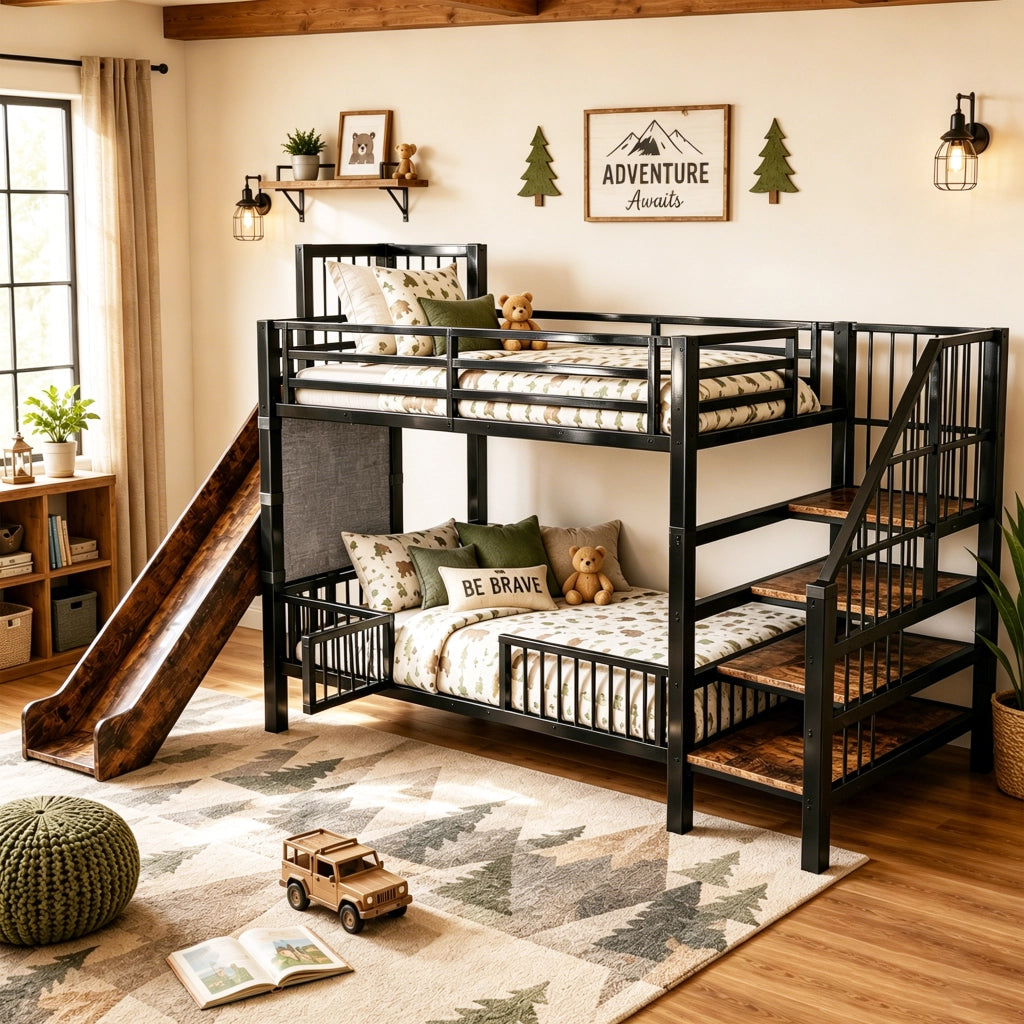 Letto a castello per bambini in metallo con scivolo, scala con contenitore e ripiani integrati 90x200 cm, nero
