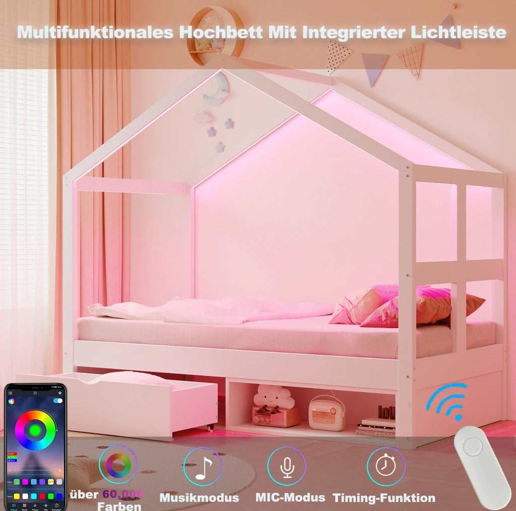 Letto singolo a casetta 90x190 cm con cassetto; scarpiera compatta e LED multicolore; bianco
