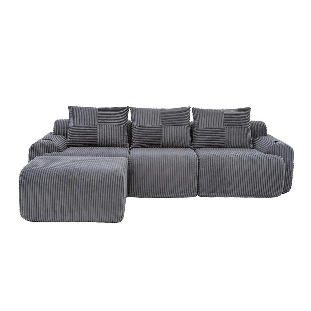 Divano modulare in velluto coste per 3 persone - Xylo - Grigio scuro - Con pouf, porta bevande, tascone laterale