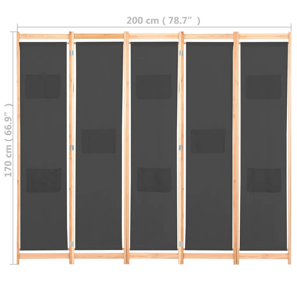 Divisorio Ambienti | Divider per stanze | Paravento a 5 Pannelli Grigio 200x170x4 cm in Tessuto