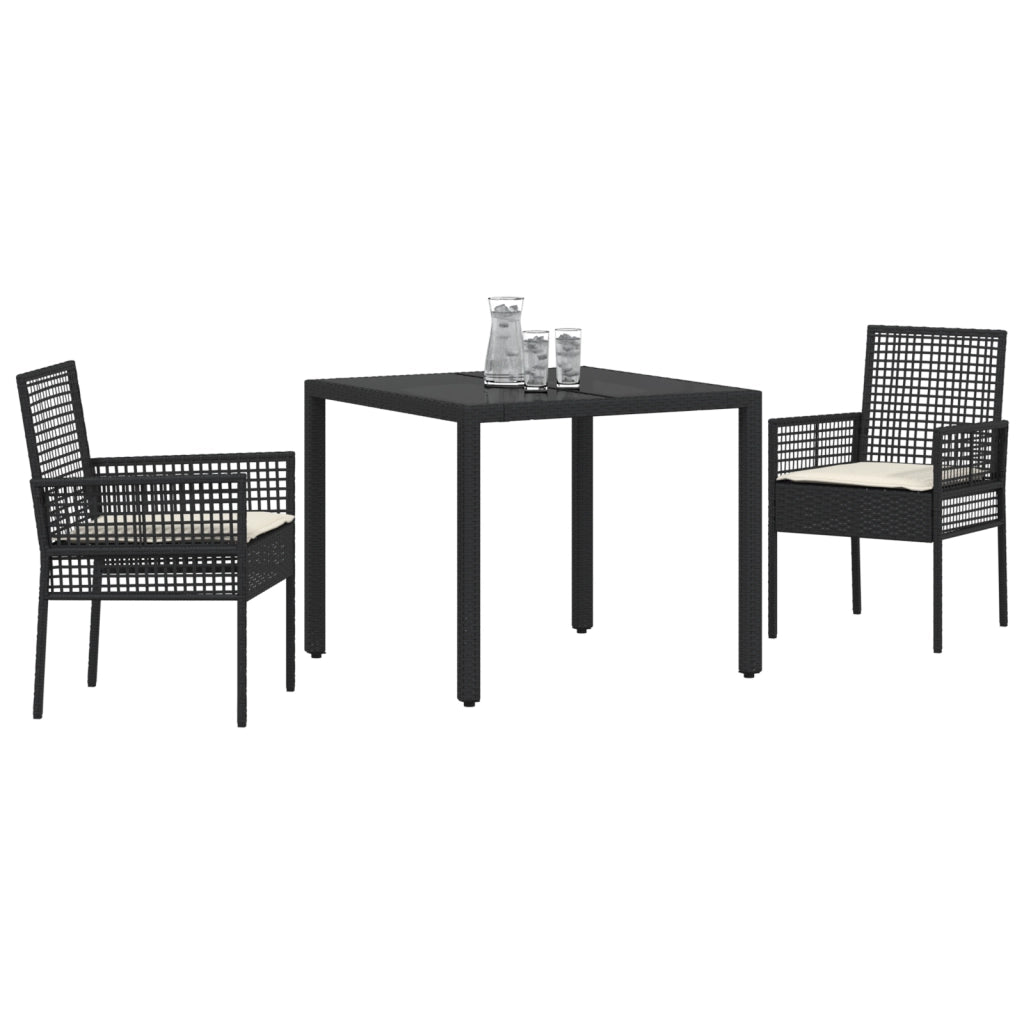 Set da Pranzo da Giardino a 3 Pezzi con Cuscini in Polyrattan Nero