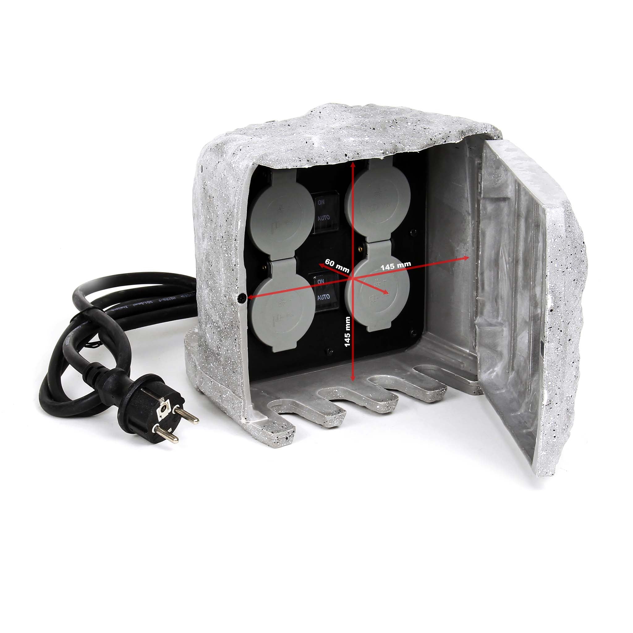 Presa multipla con sensore, effetto pietra, Multipresa per esterno con 4 prese, protezione IP44