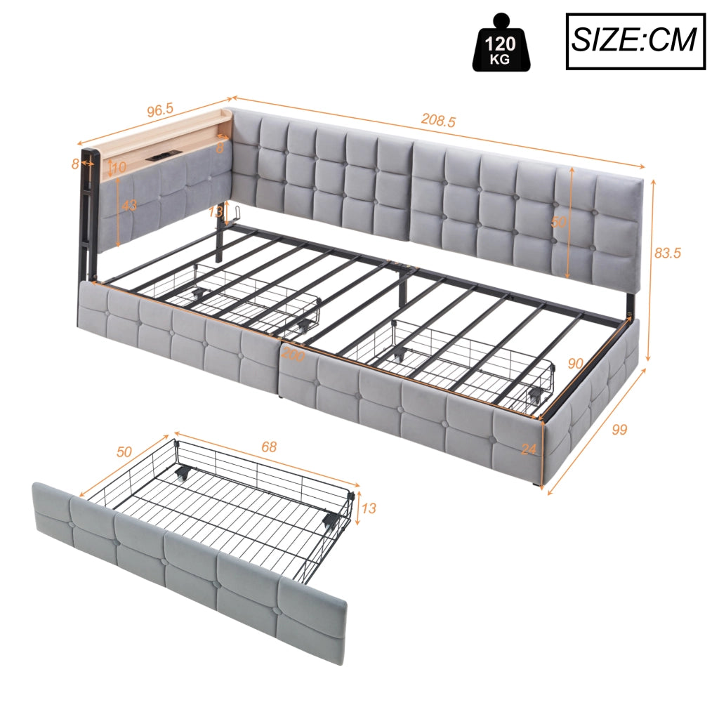 OKWISH Letto Divano 90×200 cm, Letto Singolo con 2 Cassetti, LED Regolabile e USB e Tipo C, senza Materasso, in Tessuto, Grigio