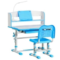 Banco Scuola per Bambini 6-12 Anni Regolabile con Luce LED, Leggio e Portapenne, in MDF, PP e Acciaio, Azzurro