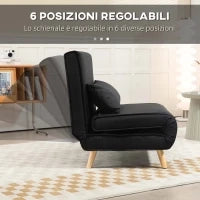 Poltrona Letto 3 in 1 con Schienale Reclinabile su 6 Posizioni in Tessuto, 94x78x80 cm, Nero