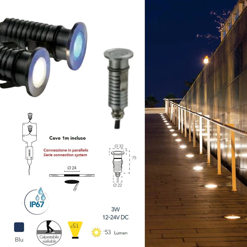 SEGNAPASSO CALPESTABILE LED DC12-24V NIKEL 3W 53LM BLU IP67 3 2X7 5CM