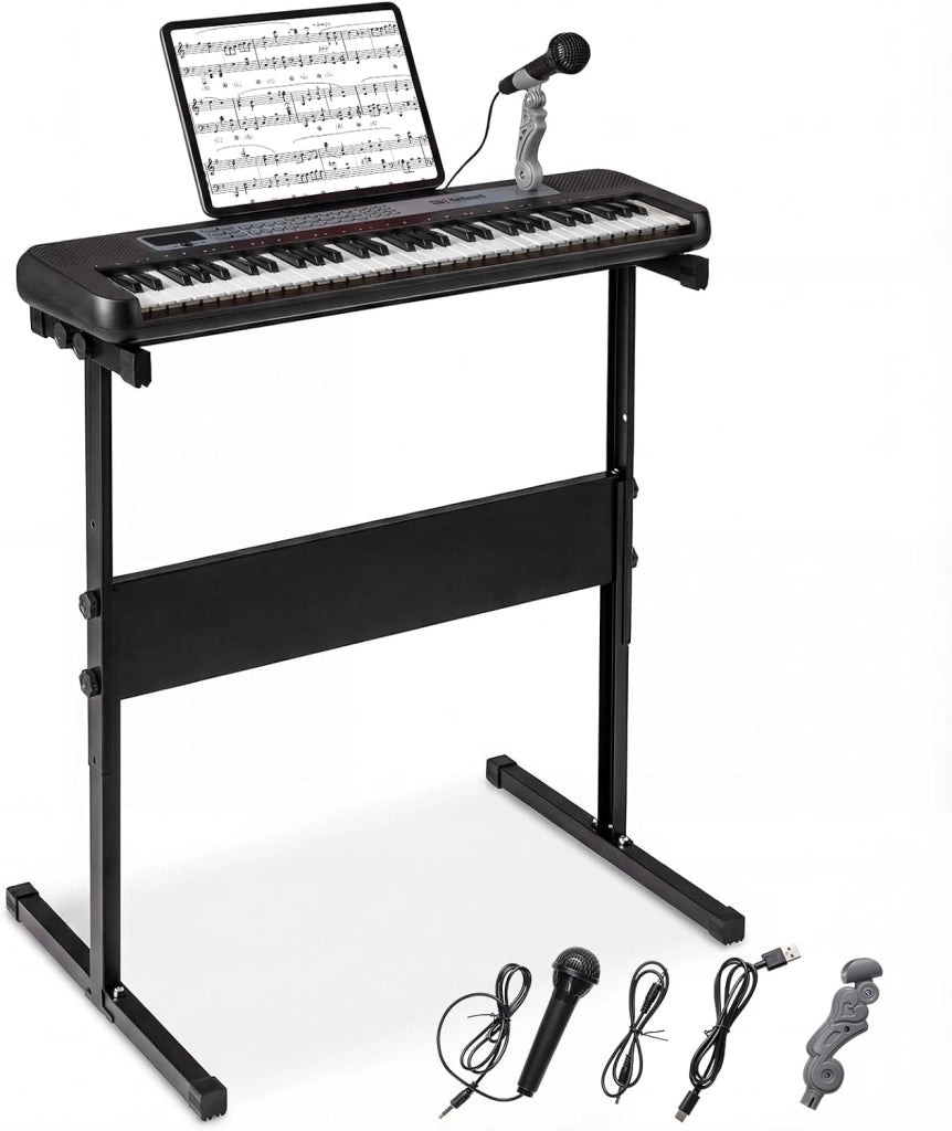 Tastiera Pianoforte Elettrica a 61 Tasti, Giocattolo Musicale da Interno con Supporto Regolabile, Microfono e Leggio, Strumento Digitale Educativo per Bambini e Bambini 3+ Anni (Nero)