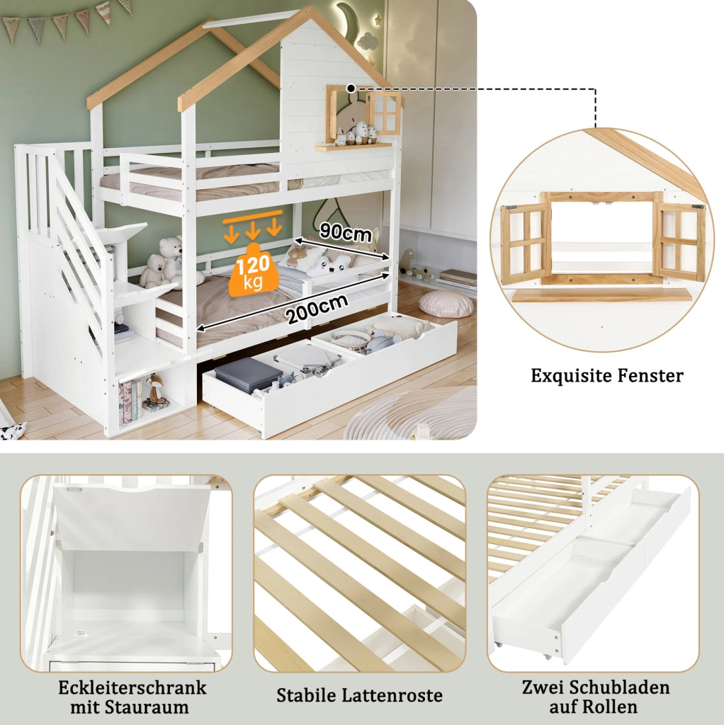 Letto a castello in legno con scale contenitore e cassetti