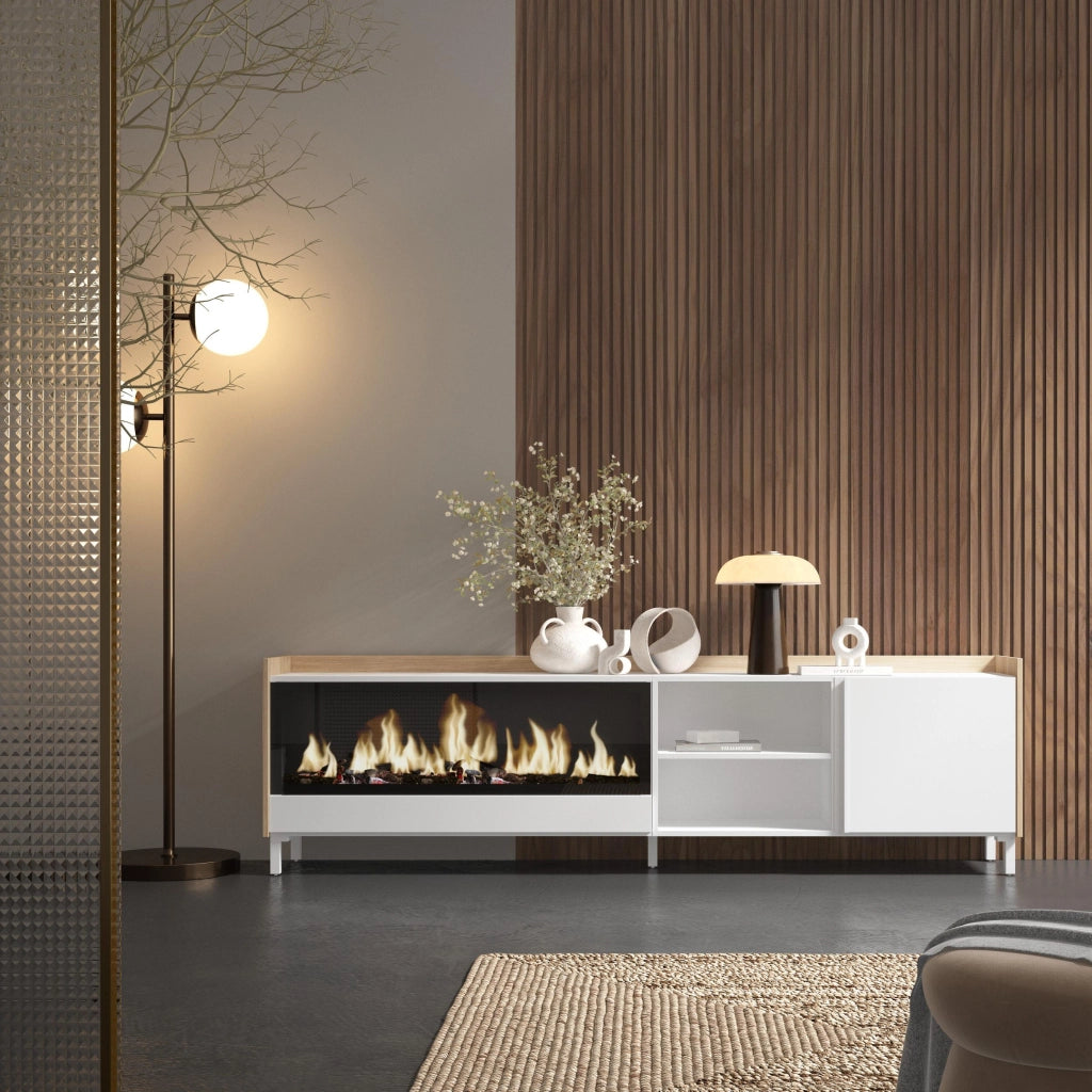 Mobile TV Soggiorno, 212x61x35 cm, Per TV fino a 80", Camino elettrico XXL, Design industriale, Bianco e Rovere soft