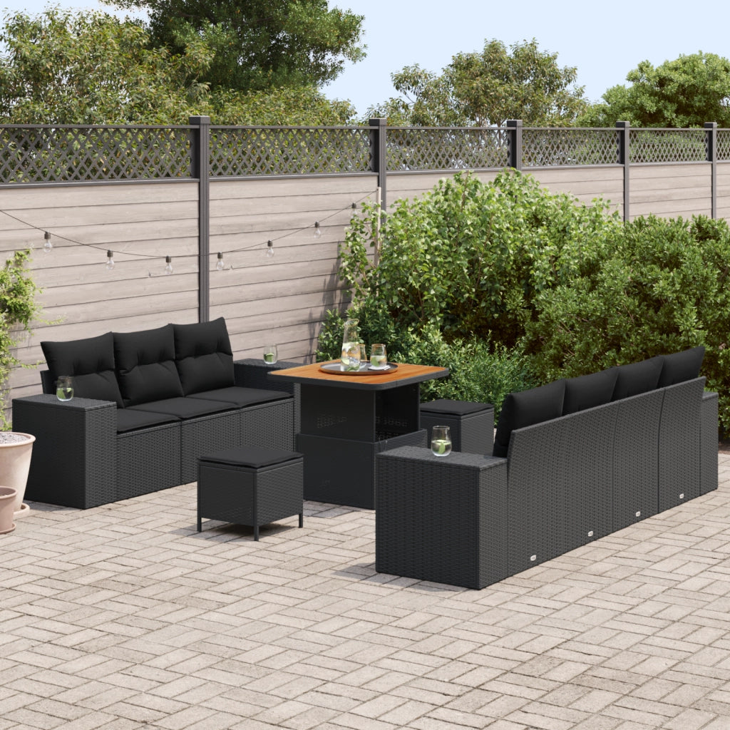 Set Divano da Giardino 10 Pezzi con Cuscini Nero Polyrattan Acacia