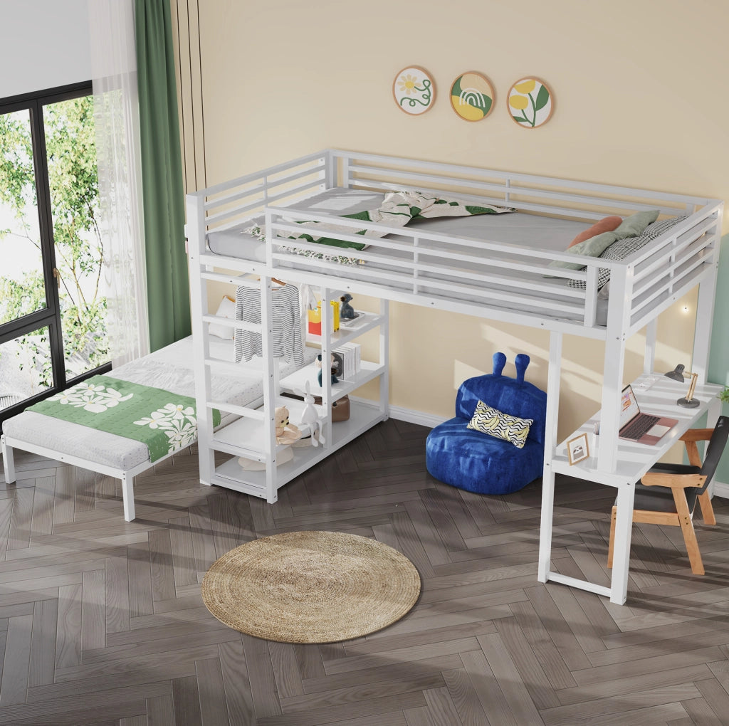 Letto a soppalco 90x200 cm con scrivania e scaffali, bianco