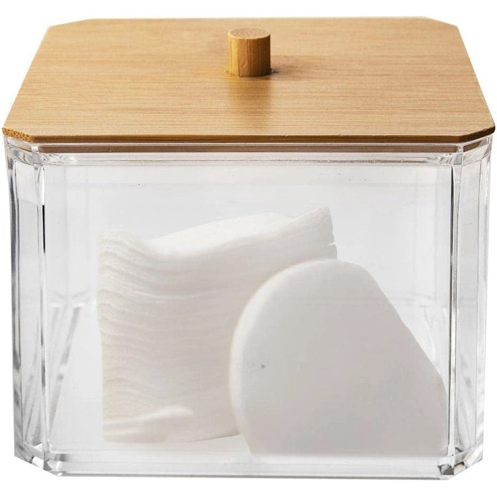 Trade Shop - Contenitore Organizer Cosmetici Toeletta Quadrato Trasparente Con Coperchio In Legno 10826 -