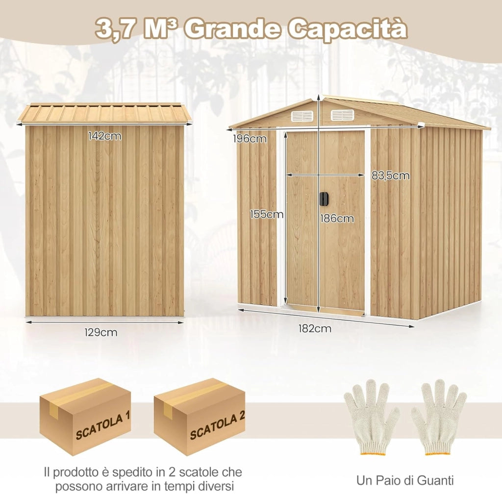Casetta da Esterno 2,34㎡, Capanno Porta Attrezzi con Porte Scorrevoli, Maniglie, Sfoghi e Tettoia, Casetta da Giardino in Lamiera di Acciaio e Lamiera Zincata (196 x 142 x 186 cm)