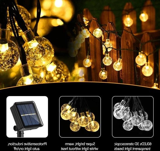 Luminaria solare per esterno - 60 led - sfere di cristallo - catena di luce 138 m - 8 modalità - impermeabile - interno ed esterno - bianco caldo