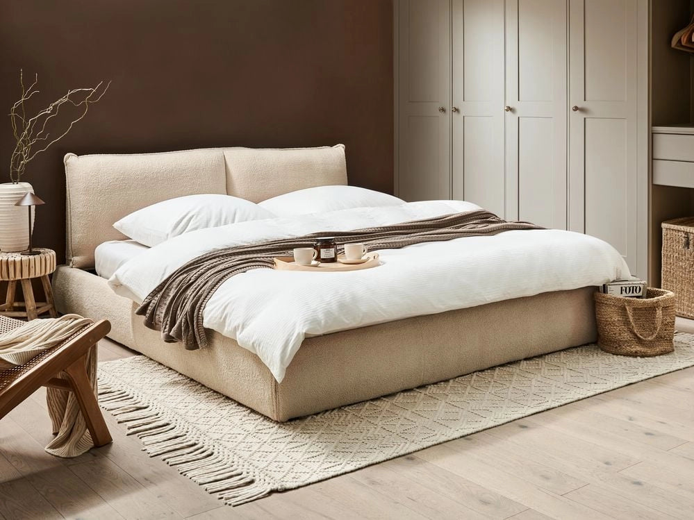Letto matrimoniale ad acqua imbottito in tessuto boucle beige chiaro 180x200 cm stile moderno