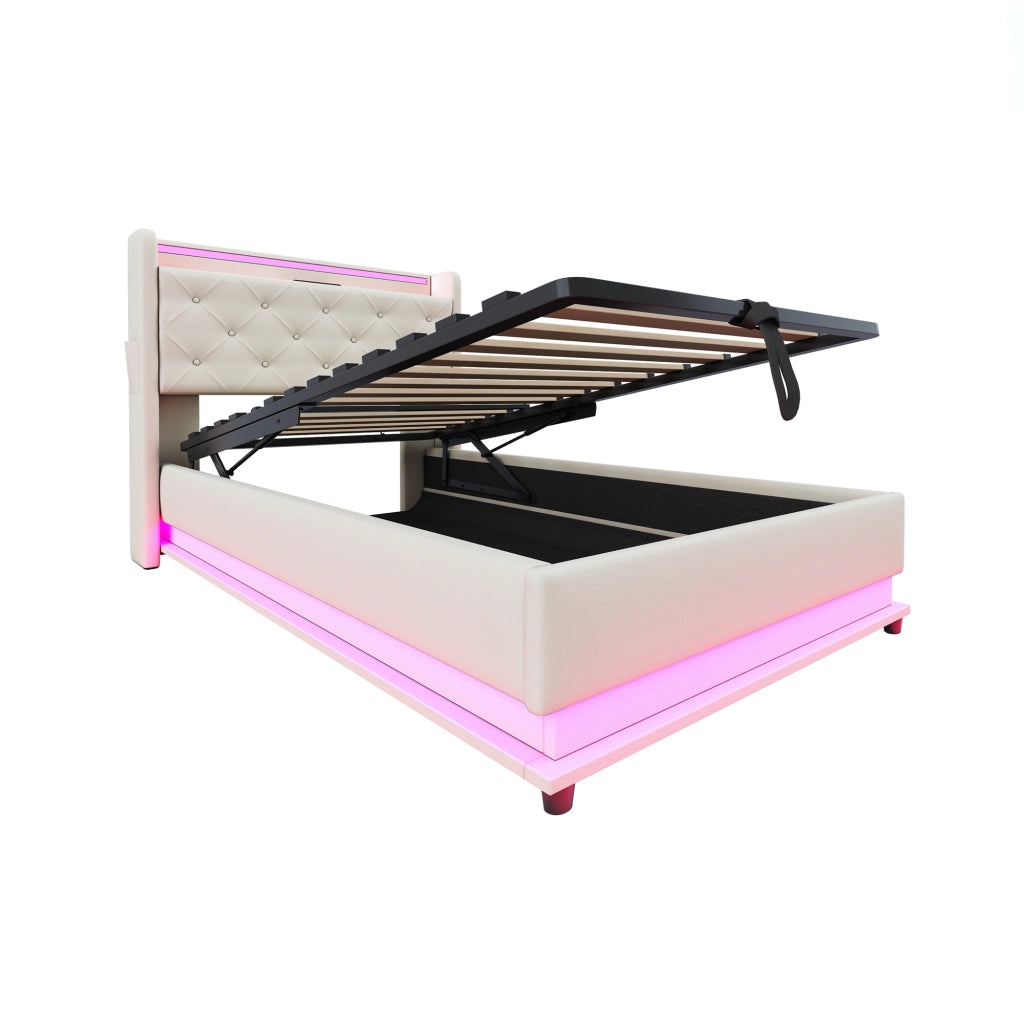 Letto singolo 90×200 cm con contenitore; testiera apribile; LED; USB e Type-C; senza materasso; lino; beige