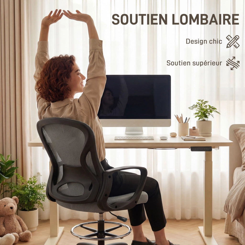 Poltrona ergonomica da ufficio con poggiapiedi e braccioli ¨C zephmum ¨C Grigio, rete, 59x65x123 cm