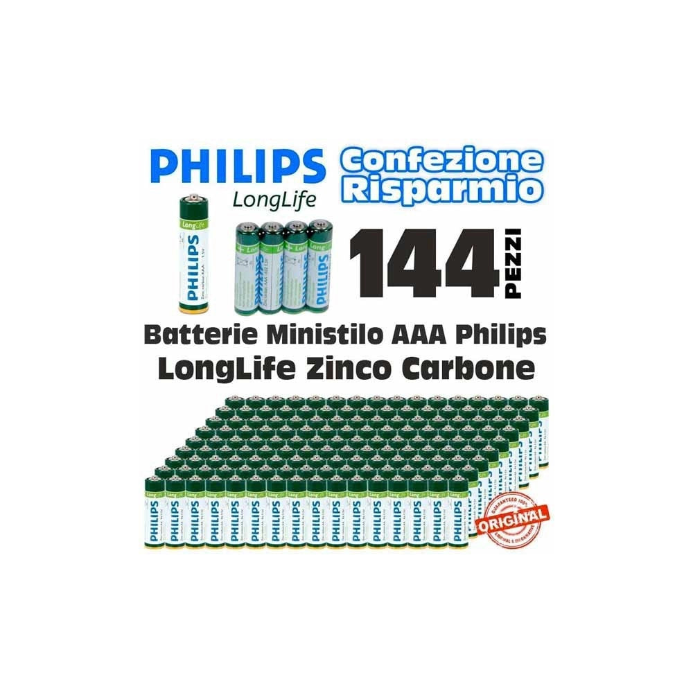 Trade Shop - 144 X Batterie Pile Ministilo Philips Zinco Carbon Longlife Batteria Aaa R3 1,5v -