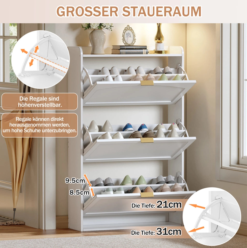 Scarpiera slim a 3 livelli in truciolare; bianca; 76x23x118 cm