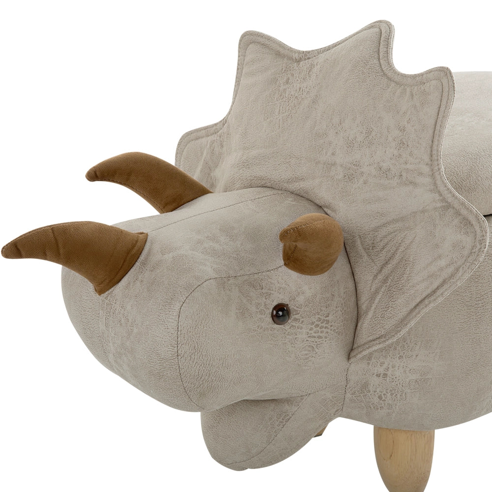 Animale Triceratopo Sgabello per bambini Tessuto in poliestere grigio chiaro Gambe in legno imbottite contenitore Poggiapiedi cameretta