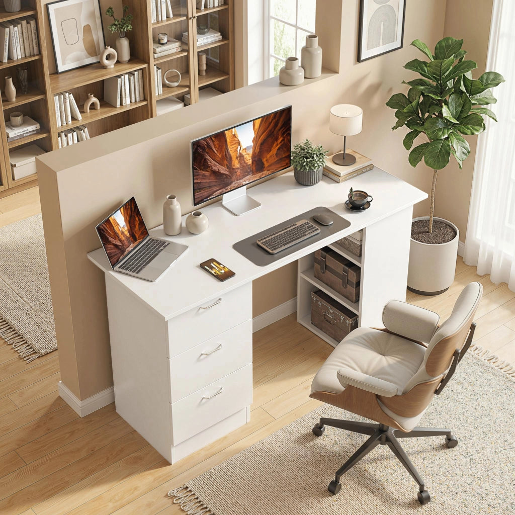 Scrivania con 3 Cassetti e 3 Ripiani ¨C zephmum ¨C Legno 120x49x72cm Bianco