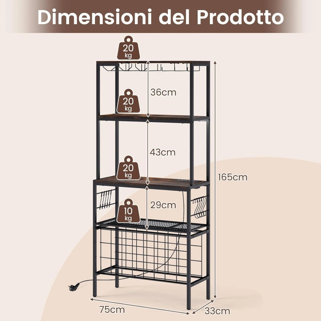 Portabottiglie da Terra per 24 Bottiglie, Cantinetta Portabottiglie Vino con Presa di Corrente, Supporto per Bicchieri, Ganci e 3 Ripiani, per Cucina, Soggiorno e Bar