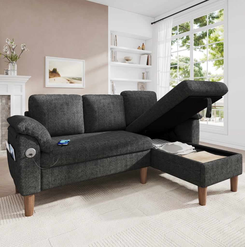 Divano angolare L 3 posti con chaise longue contenitore reversibile; USB e Type-C; grigio scuro