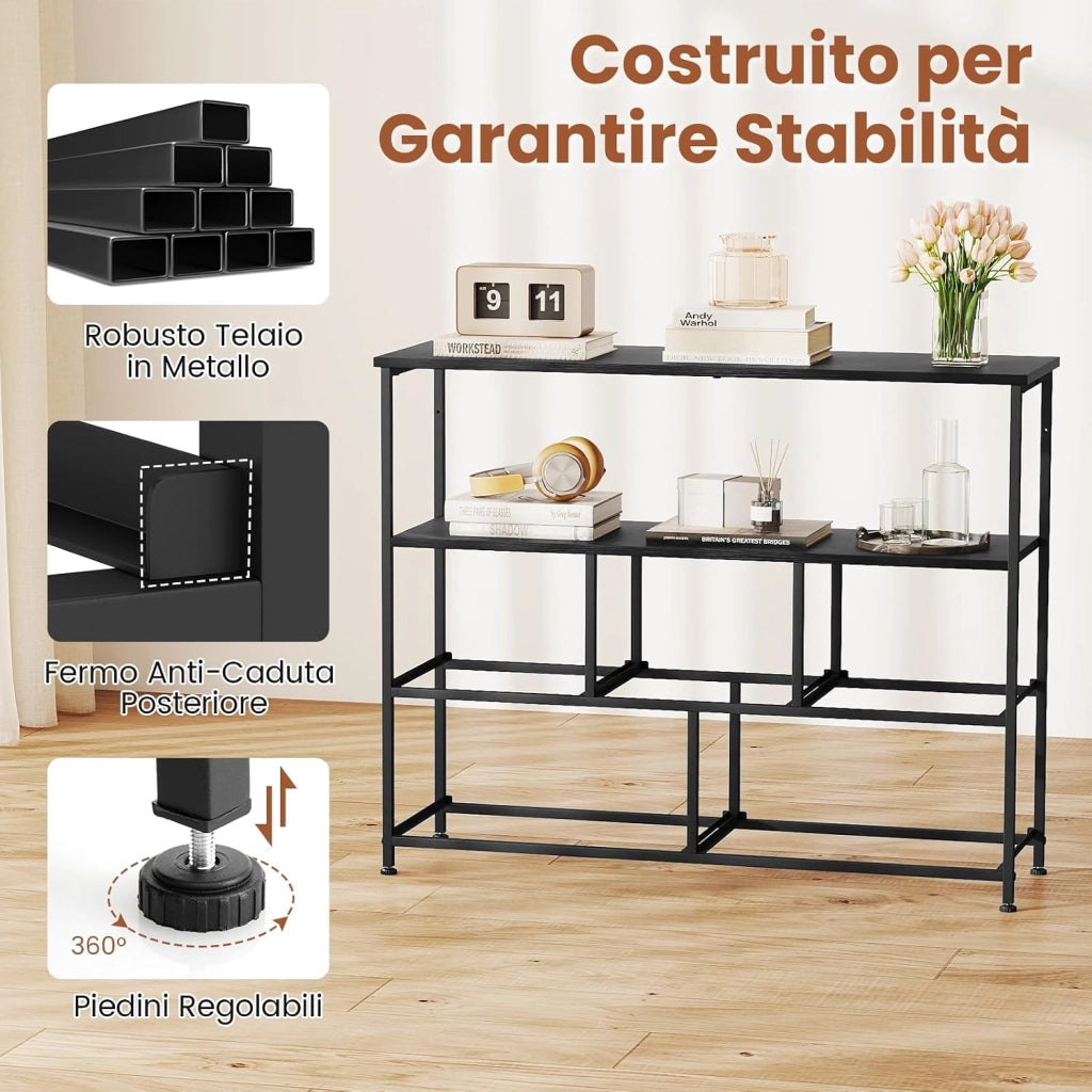 Comò con 5 Cassetti, Cassettiera con 2 Mensole Aperte in Legno e Struttura in Metallo, Unità Organizzatore per Conservazione per Ingresso e Soggiorno, 100×30×80 cm (Nero)