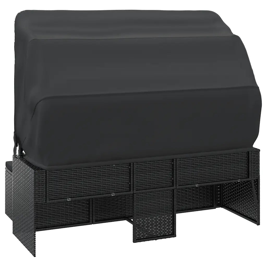 Divano Giardino 3 Posti con Tetto e Poggiapiedi-Sofa da Giardino-Divanetto da esterno Nero Polyrattan