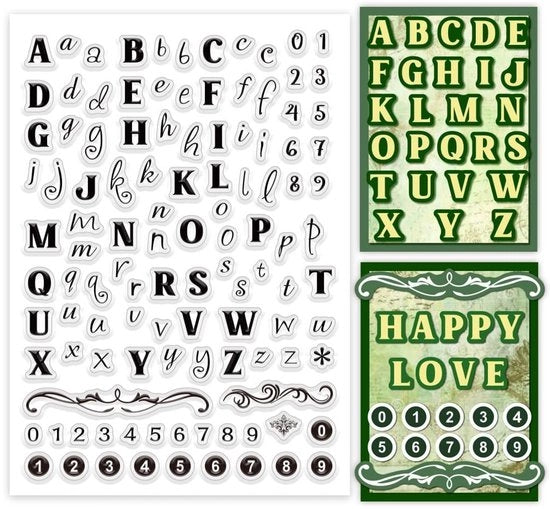 Set di timbri trasparenti 26 alfabeto/numero - Dimensioni 14,8x21 cm - Timbri letterali