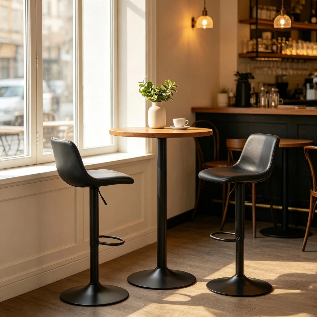 Sgabelli da bar girevoli a 360°, 2 pezzi regolabili in altezza con poggiapiedi, rivestimento in PU nero e base in acciaio