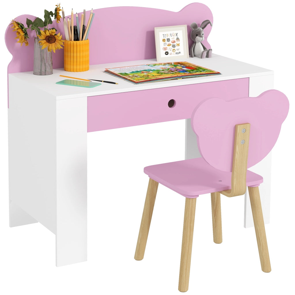 Set Scrivania per Bambini con Cassetto e Sedia con Schienale a Orsetto, Et¨¤ 3-8 Anni, Rosa