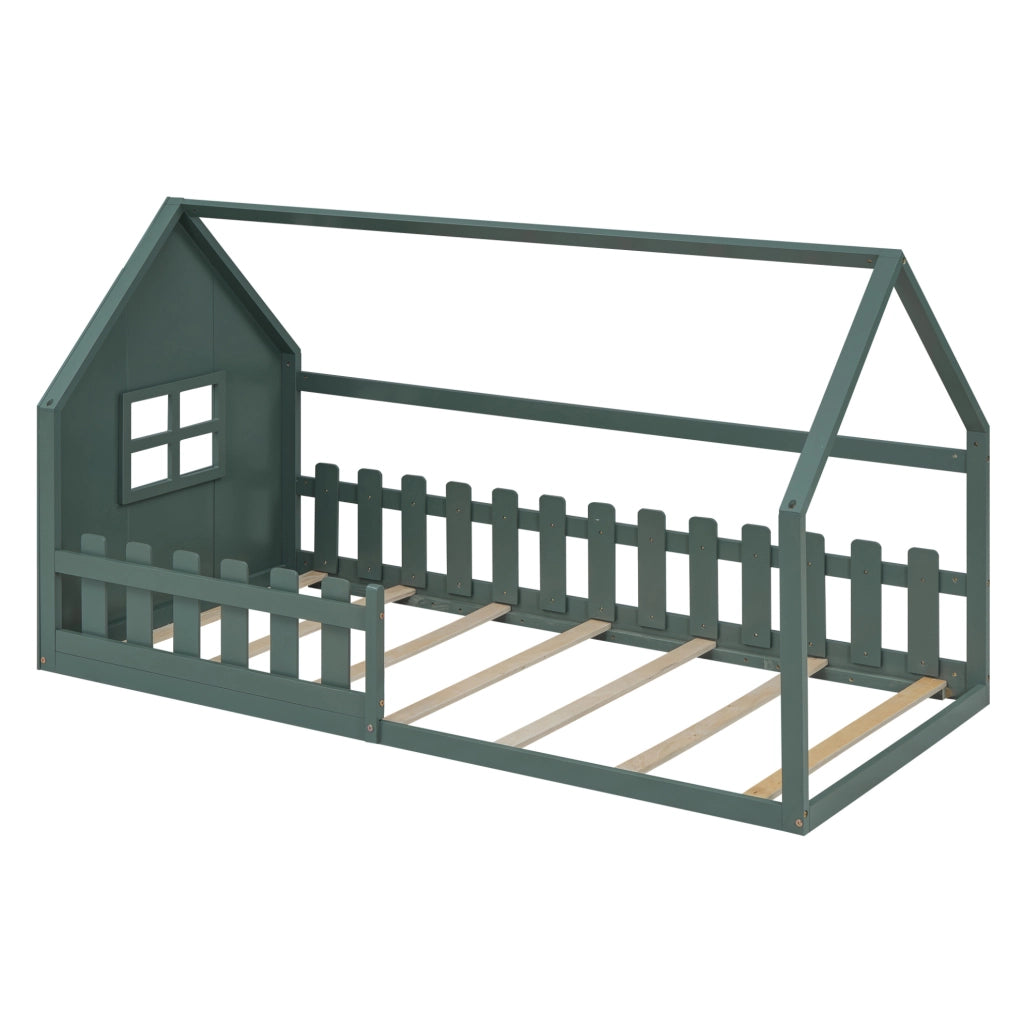 Letto per bambini 90x200 cm; a casetta; pino e MDF; verde