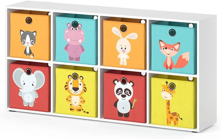 Libreria bambini Scutum, Bianco, 143 x 72 cm con 8 scatole pieghevoli, adatto per riporre giocattoli e libri