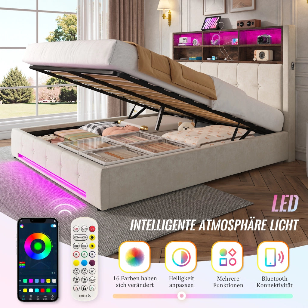Letto imbottito 160x200 cm idraulico con LED USB colore beige in metallo e velluto