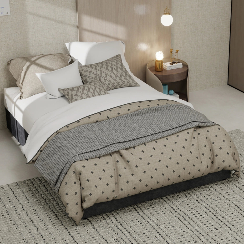 Letto Matrimoniale 140x200 cm; con Testiera Geometrica in Tessuto e Metallo Grigio