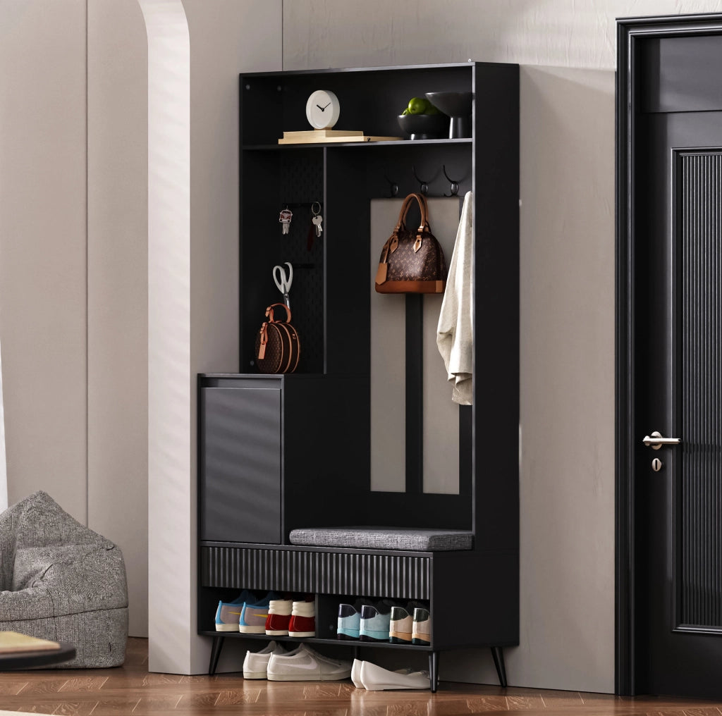 Mobile ingresso con panca; 4 ganci; 2 cassetti e vano contenitore; 100x35x180 cm; nero