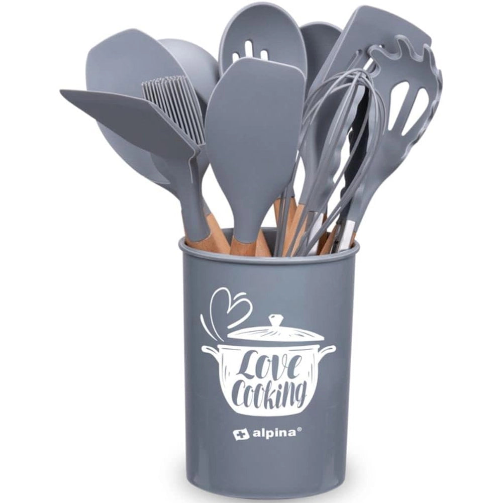 Set Utensili da Cucina Grigio e Supporto 12 Pezzi Utensili Silicone Manico Legno