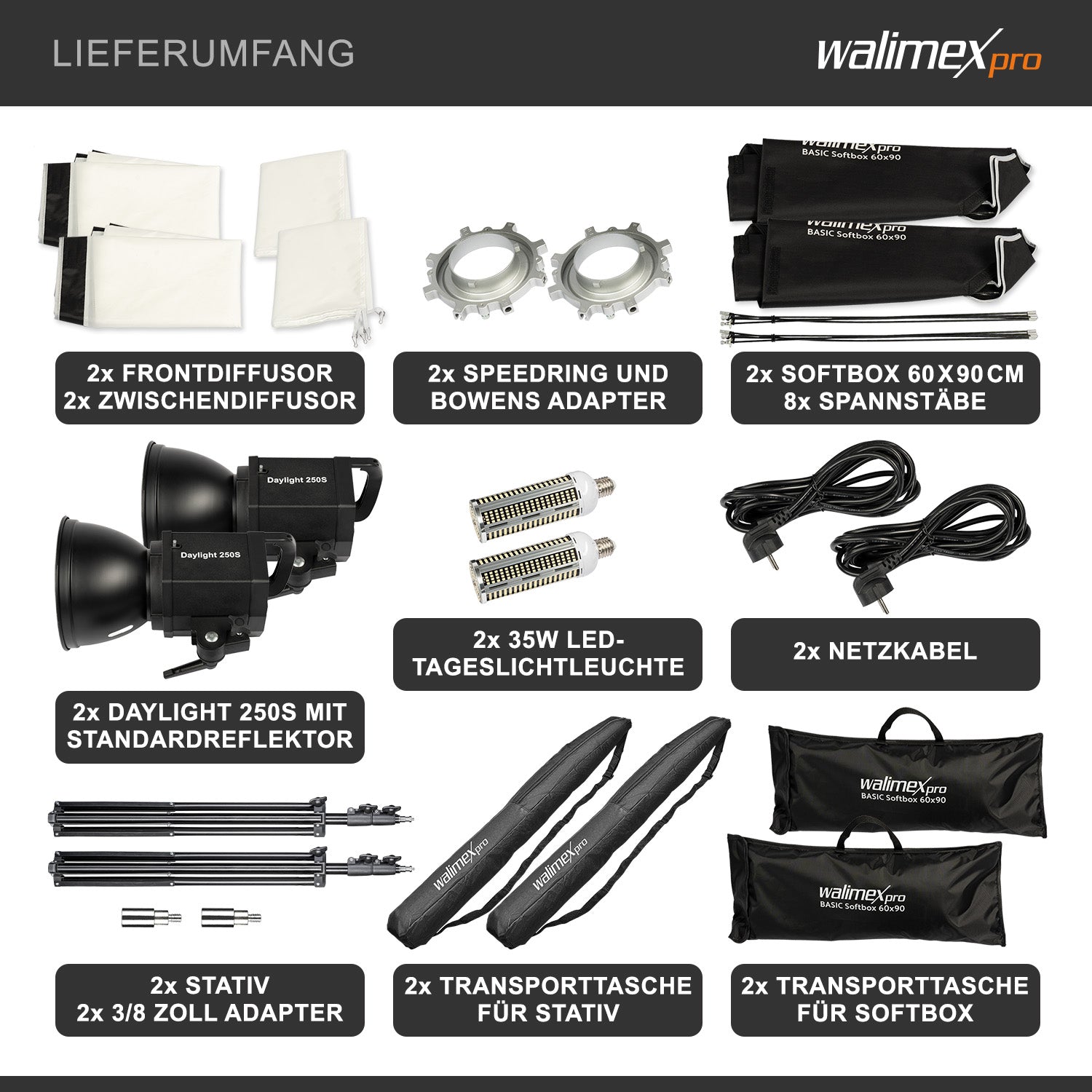 Set per studio fotografico 2 luci LED da 35 W, 2 softbox da 90 x 60 cm, 2 stativi per luci max 256 cm, temperatura di colore 5000 K, per fotografia