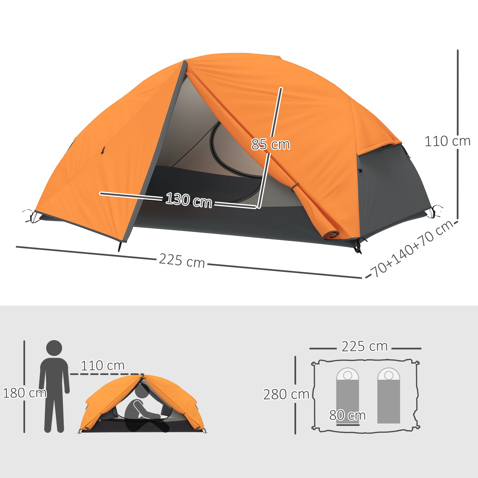 Tenda da Campeggio 2 Posti Impermeabile 280x225x110 cm con 2 Vestiboli e 2 Porte Arancione