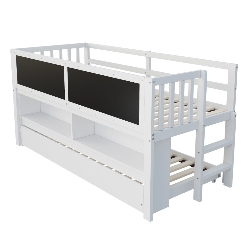 Letto estraibile per bambini 1 posto con letto estraibile, lavagna e scaffali, 90 × 200 cm, senza materasso