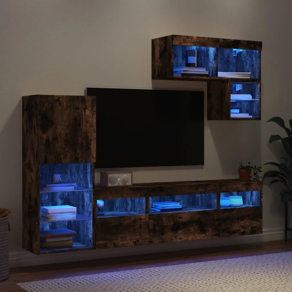 Mobili TV a Muro con LED 6pz | Armadietto TV | Mobile Porta TV Rovere Fumo in Legno Multistrato