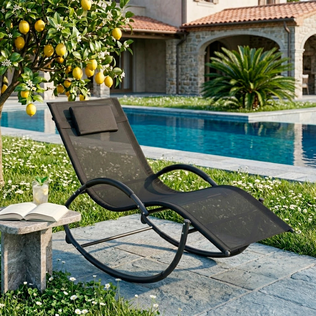 Sedia Basculante Da Giardino Ergonomica Con Poggiatesta Removibile Lettino Comodo Relax A Dondolo Per Patio Piscina Terrazza Balcone Outdoor 155x61x88 Cm Nero