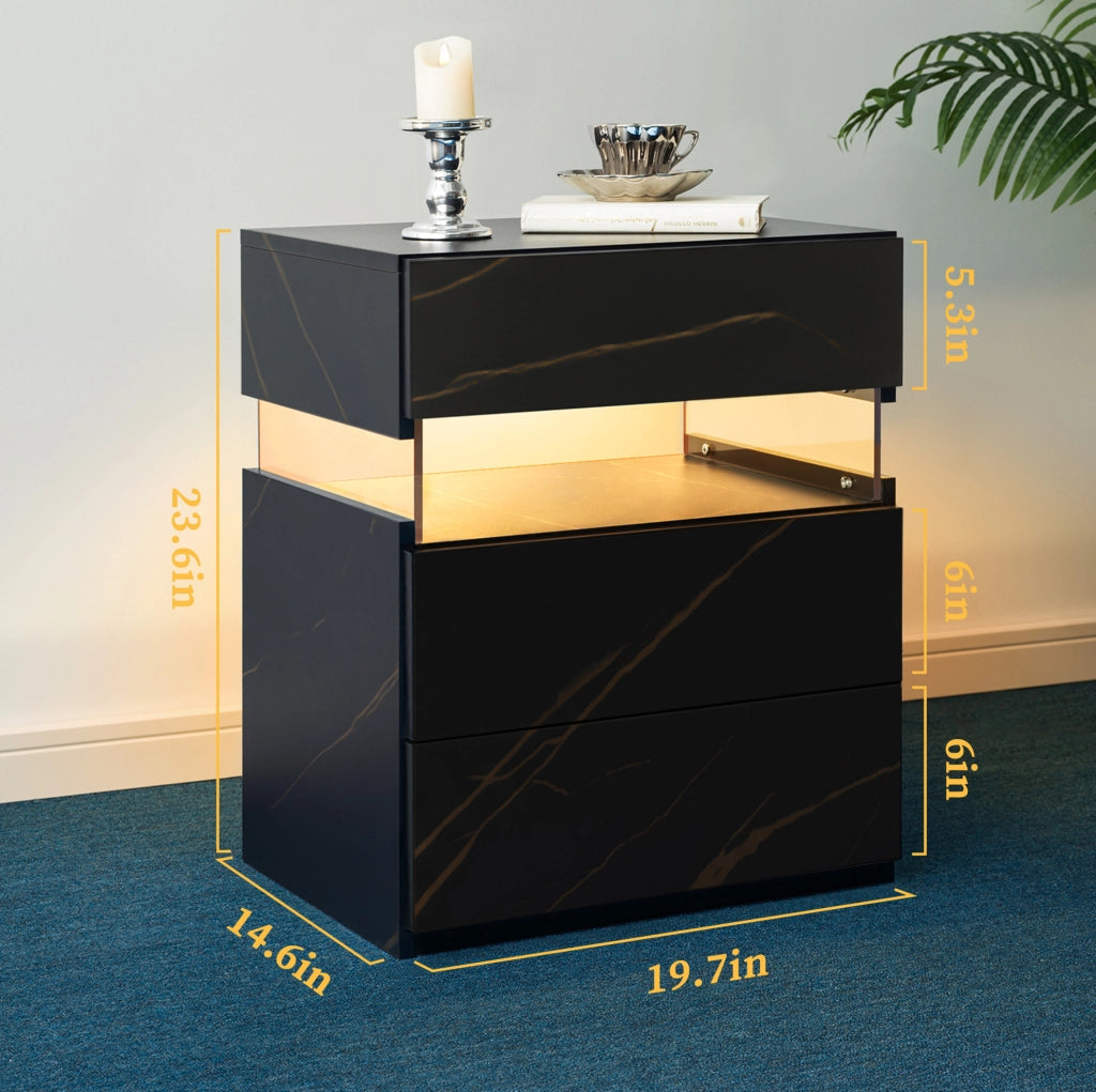 Comodino LED con 3 cassetti, pannello acrilico, nero e oro