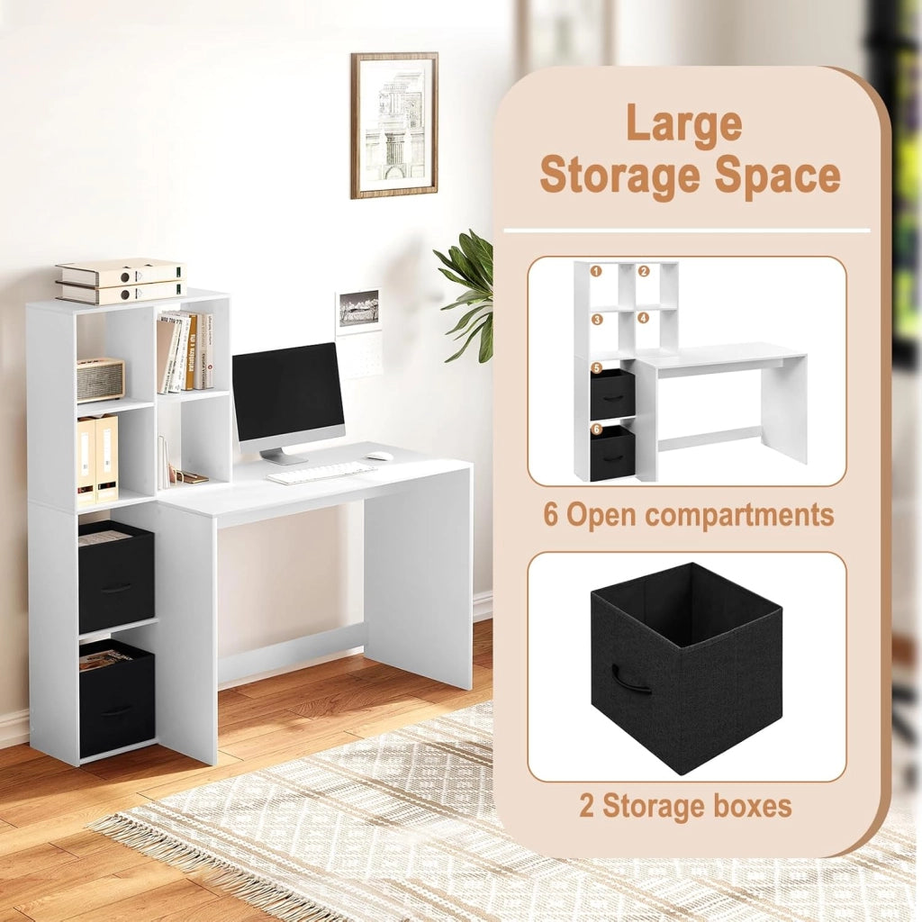 Scrivania Ufficio Compatta con Libreria Integrata, Bianco Lucido, Design Salvaspazio per Studio/Camera, 140x50x134 cm