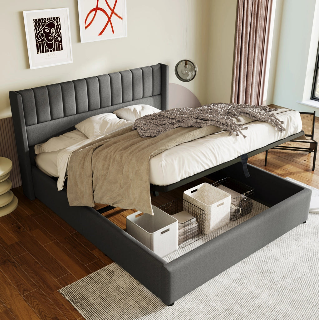 Letto matrimoniale contenitore 180x200 cm imbottito con rete sollevabile in lino grigio