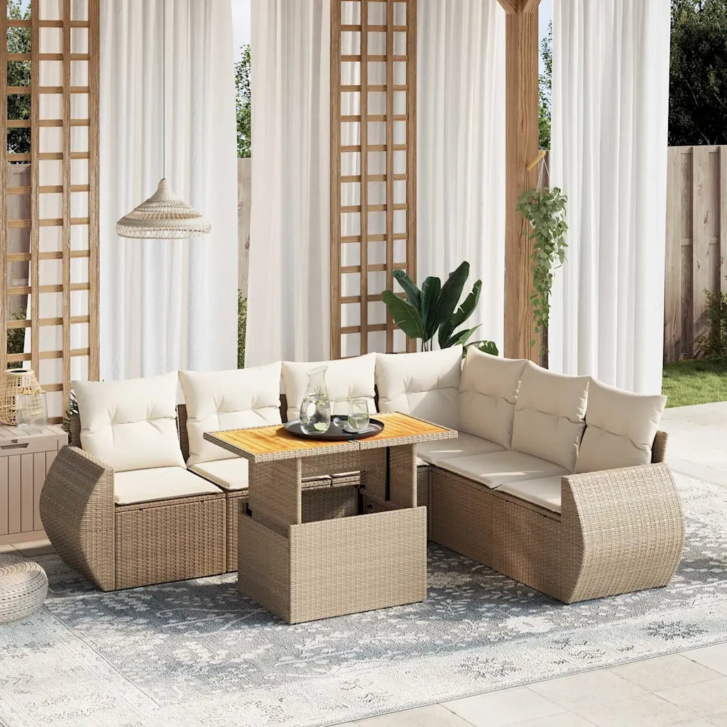 Set Divani da Giardino 7 pz con Cuscini Beige in Polyrattan