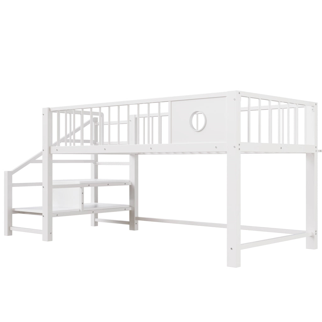 Letto a soppalco basso per bambini 90x200 cm in metallo, con scala contenitore, bianco