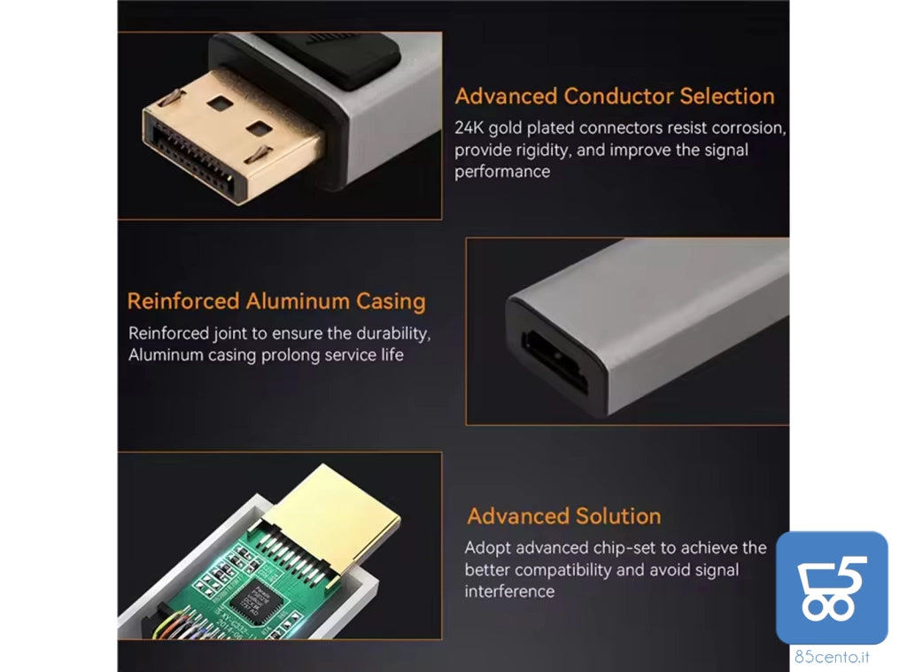 Adattatore da DisplayPort Maschio a HDMI Femmina 4k 60Hz HDR per PC HDTV Monitor High Quality in metallo